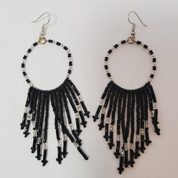 Black & Silver Beaded Hoop Fringe Earrings | Handmade in Mexico | Boho Chic - Picture 1 of 3